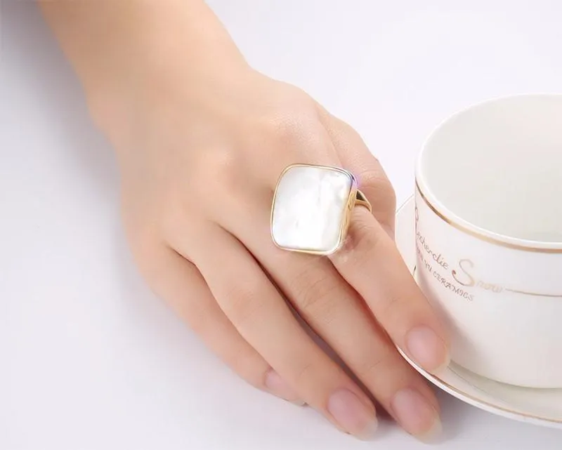 Polished White Natural Shell Gold Ring