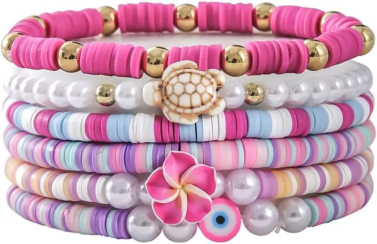 Preppy Bracelets Clay Bead Bracelets Surfer Heishi Stackable Bracelets for Women Summer Beach Friendship Preppy Hawaiian Flower Turtle Stretch Braceelts Jewelry Gifts Set