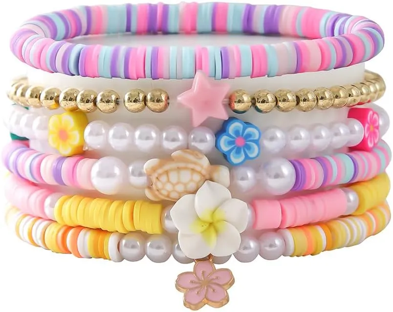 Preppy Bracelets Clay Bead Bracelets Surfer Heishi Stackable Bracelets for Women Summer Beach Friendship Preppy Hawaiian Flower Turtle Stretch Braceelts Jewelry Gifts Set