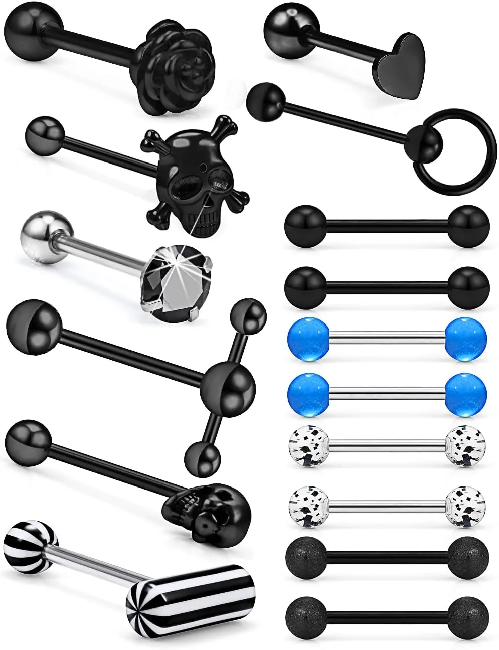 Prjndjw 14G Tongue Rings Surgical steel tongue piercing jewelry 5/8 inch 16mm Skull Heart Flower T Shape Koosh Spiky Silicone Soft Spike Ball Door Knocker Tongue Nipple Ring For Women Men
