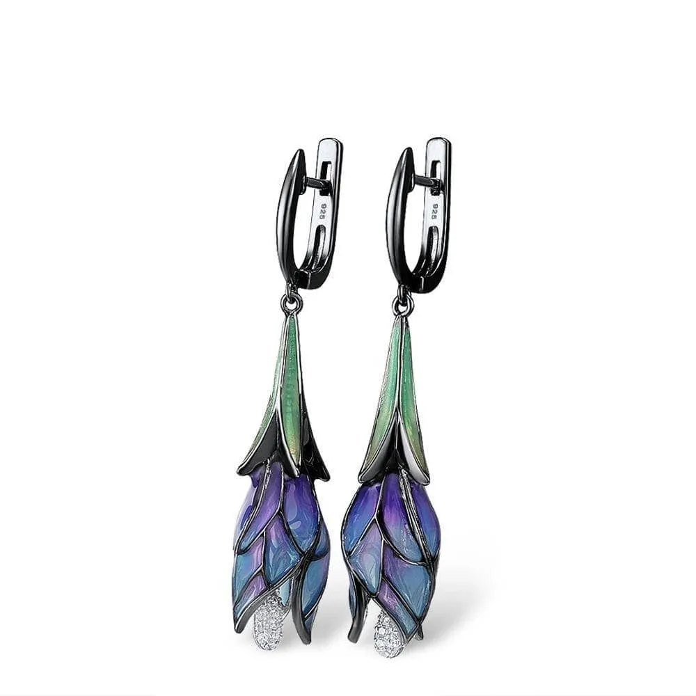 Purple Enamel Flower Drop Earrings