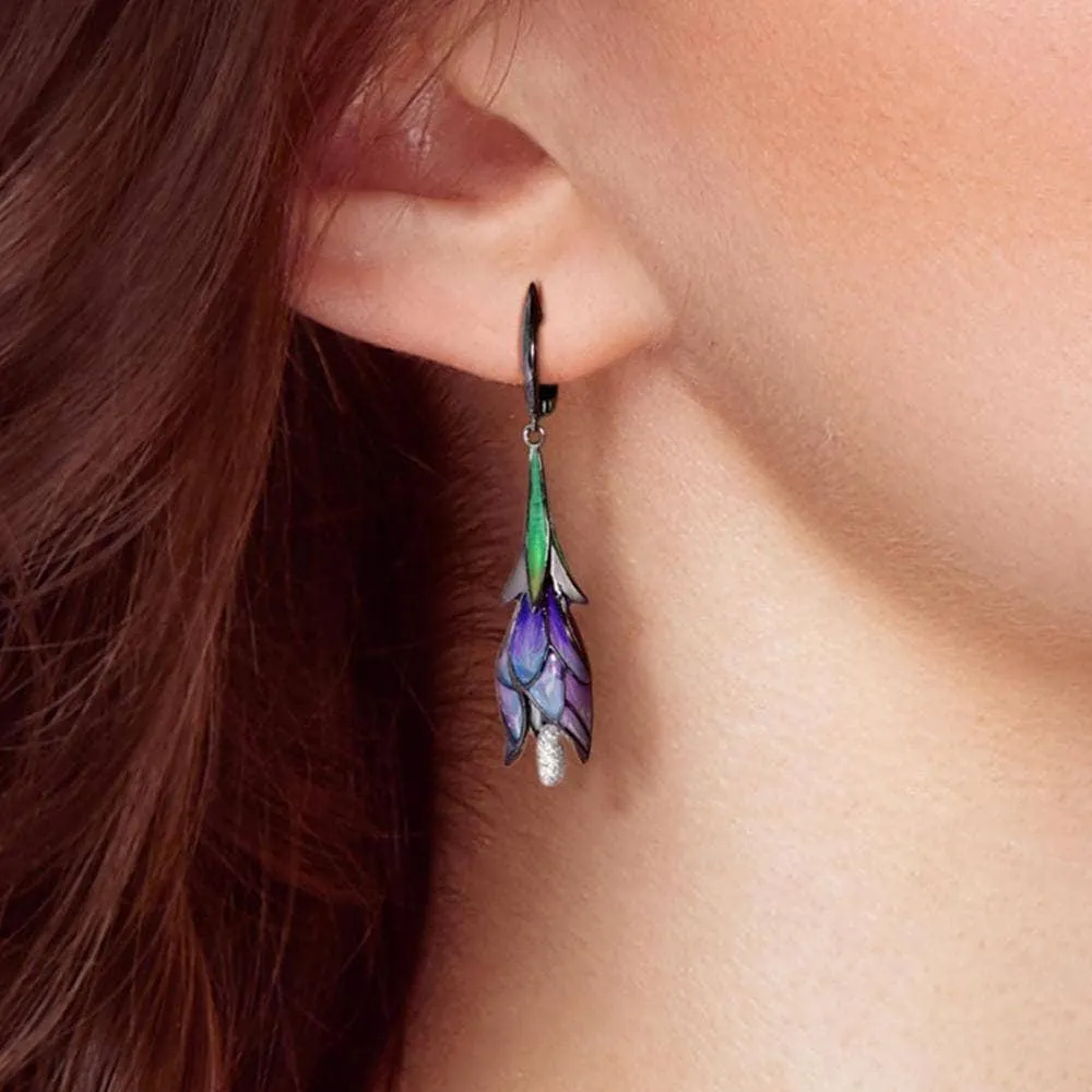 Purple Enamel Flower Drop Earrings
