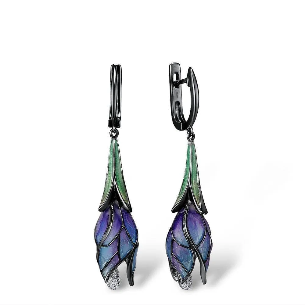 Purple Enamel Flower Drop Earrings