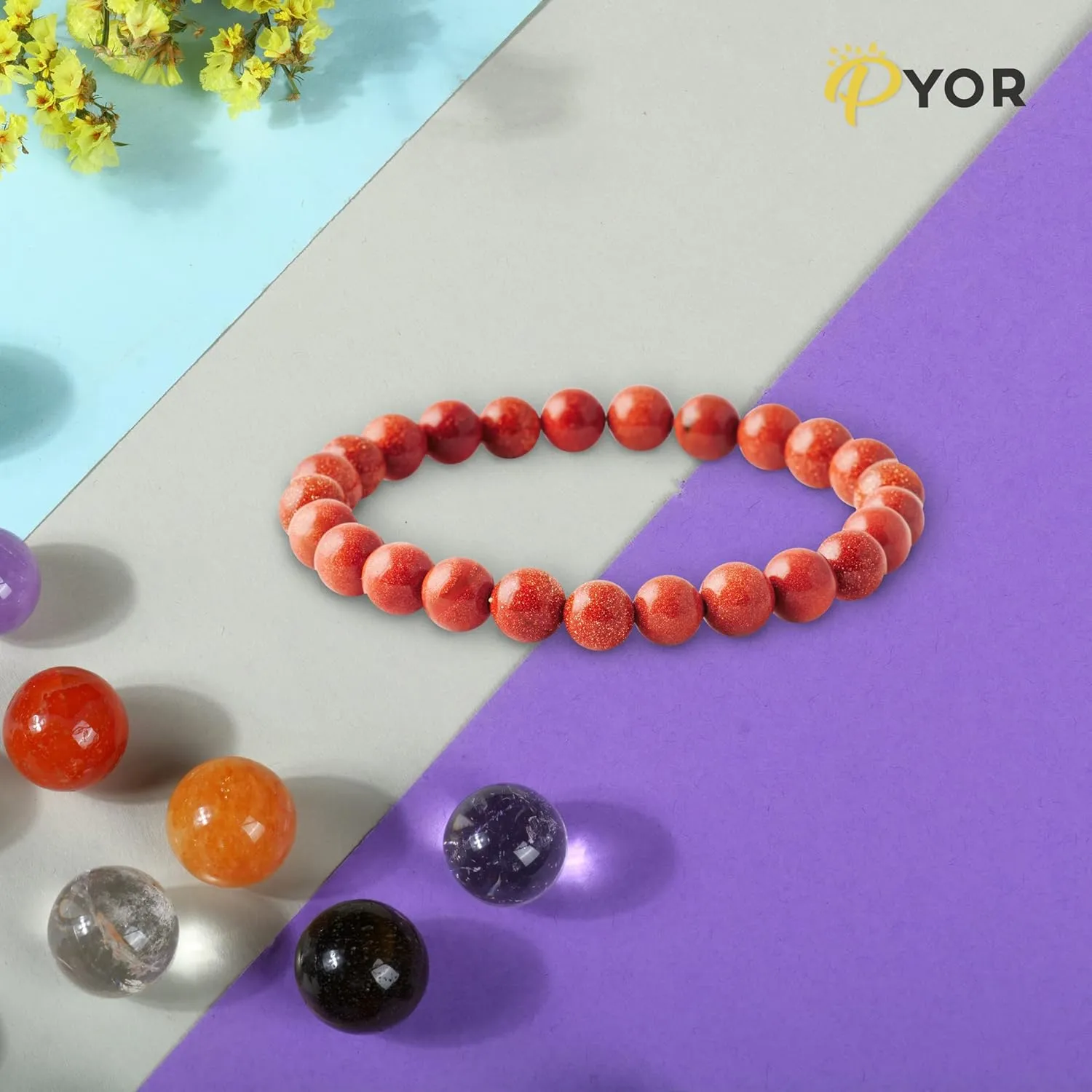 PYOR Red Sunstone Crystal 8mm Chakra Beads Bracelet Good Luck Spiritual Jewelry Healing Handmade Reiki For Men And Women Gift Aesthetic Positive Energy Wealth Prosperity Abundance Stretchable Yoga
