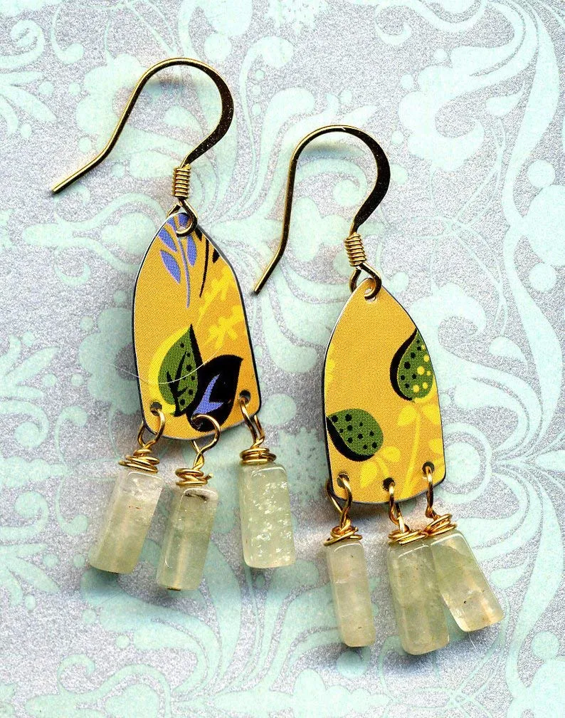 Recycled Tin Earrings, Natural Jade Fall Color Earrings, Leaves 18 K Gold Filled Recycled tin Earrings, Petite Chandelier Earrings