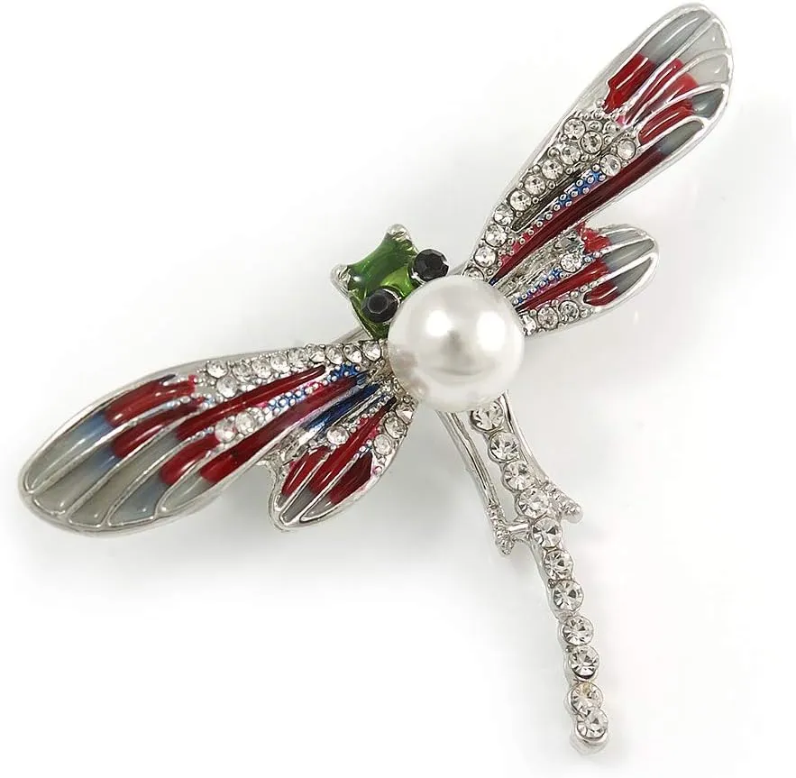 Red/Grey Enamel Clear Crystal, Faux Pearl Dragonfly Brooch In Silver Tone Metal - 50mm Across