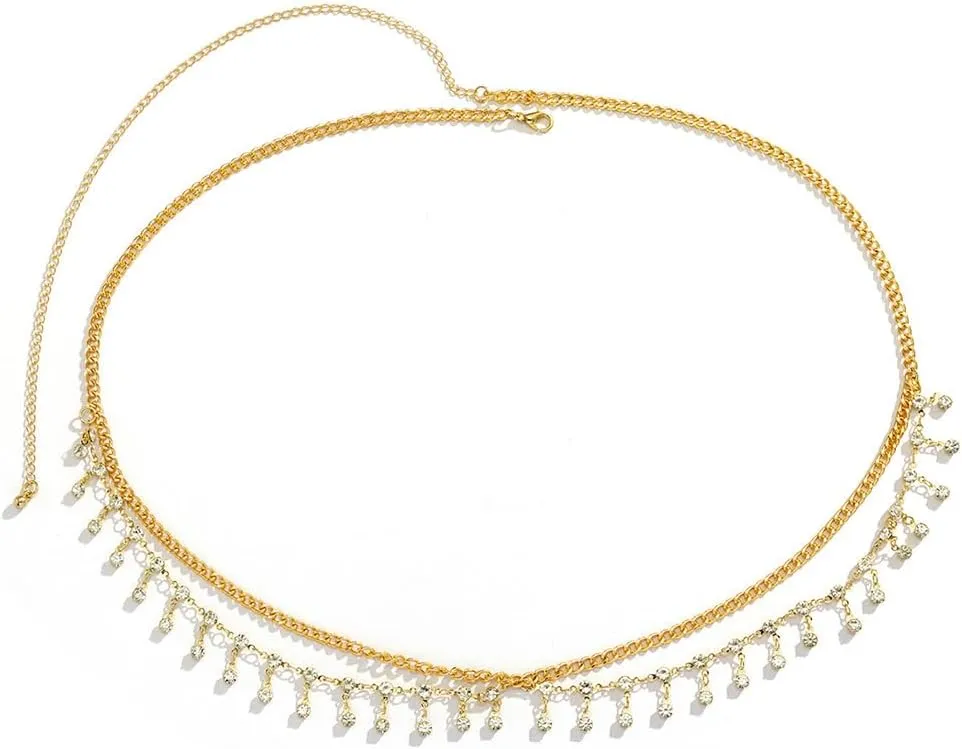 Rhinestone Belly Chain Sexy Wavy Tassel Belly Chain Adjustable Summer Beach Bikini Body Chains for Women