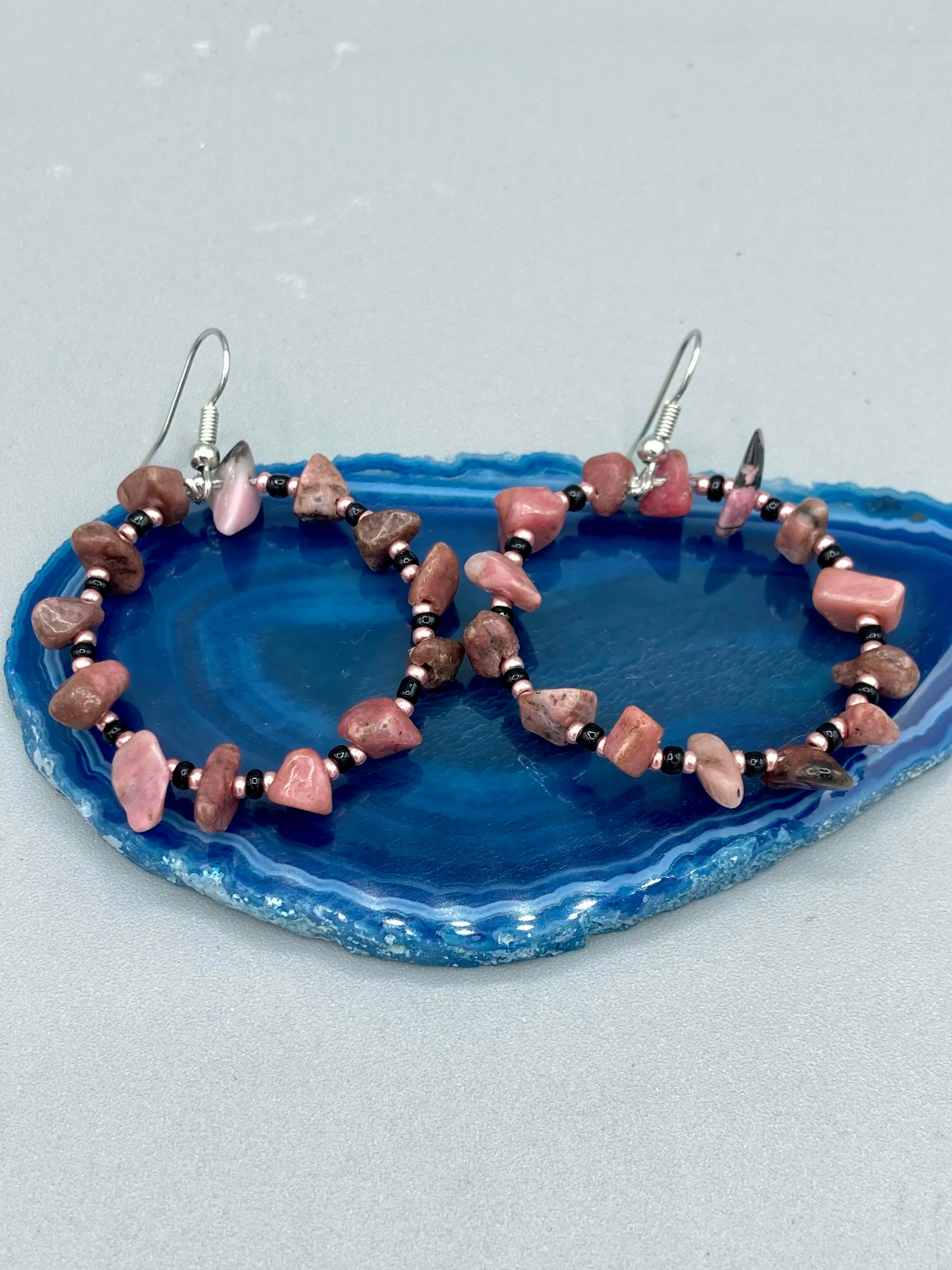 Rhodonite Stone Chip Beaded Hoop Earrings, Hippie Vibe, Shabby Chic, Boho Chic, Nature Inspired, Bohemian