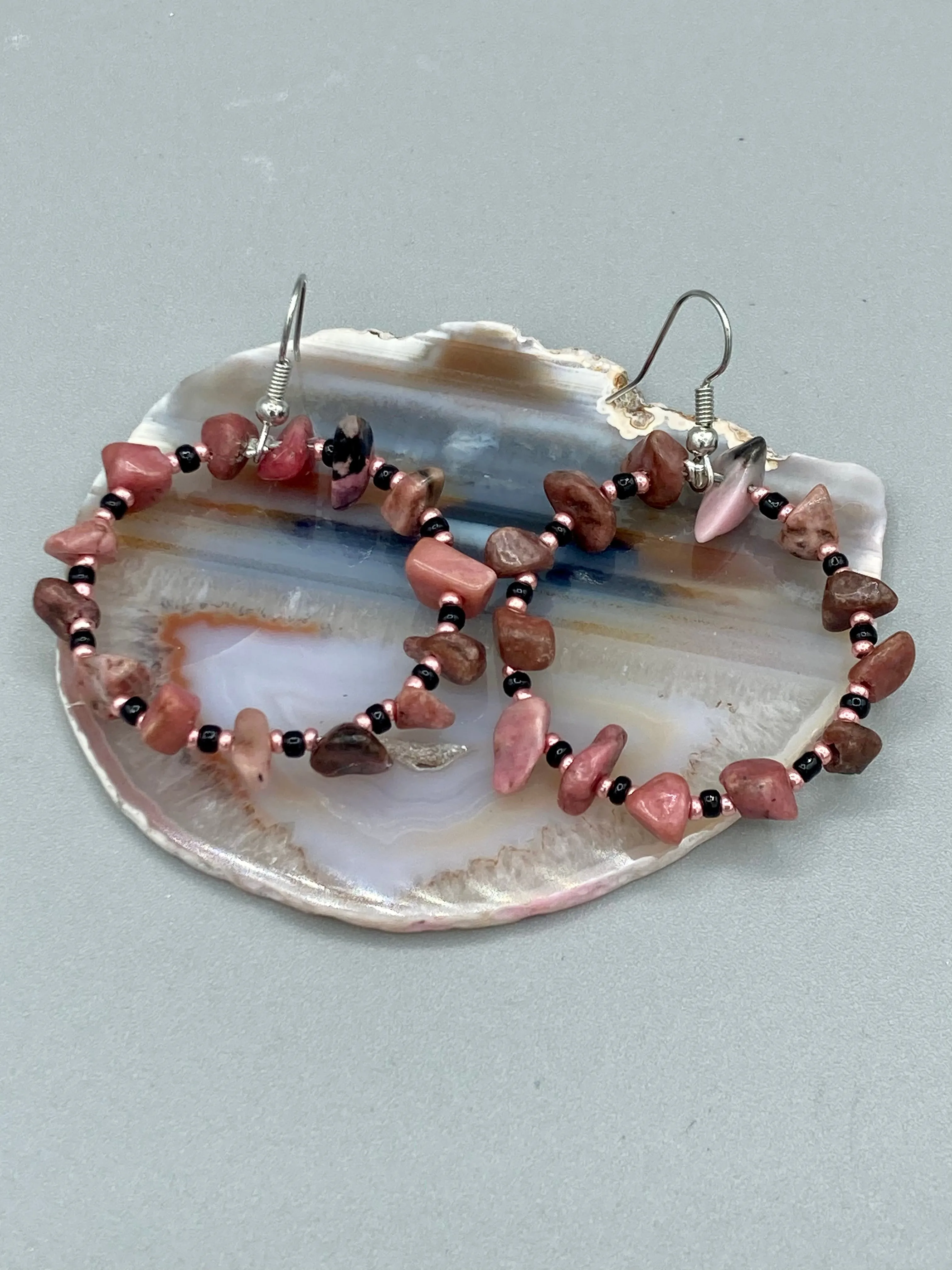 Rhodonite Stone Chip Beaded Hoop Earrings, Hippie Vibe, Shabby Chic, Boho Chic, Nature Inspired, Bohemian