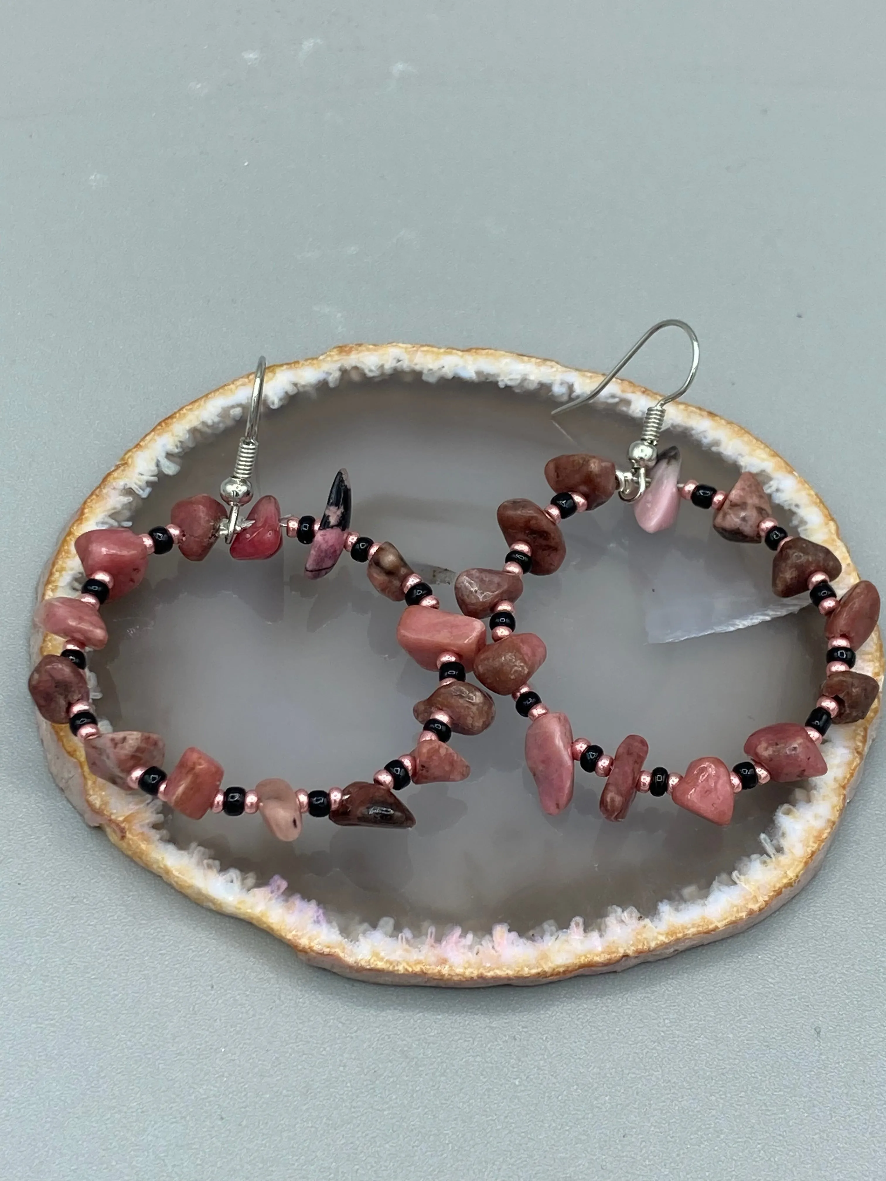 Rhodonite Stone Chip Beaded Hoop Earrings, Hippie Vibe, Shabby Chic, Boho Chic, Nature Inspired, Bohemian