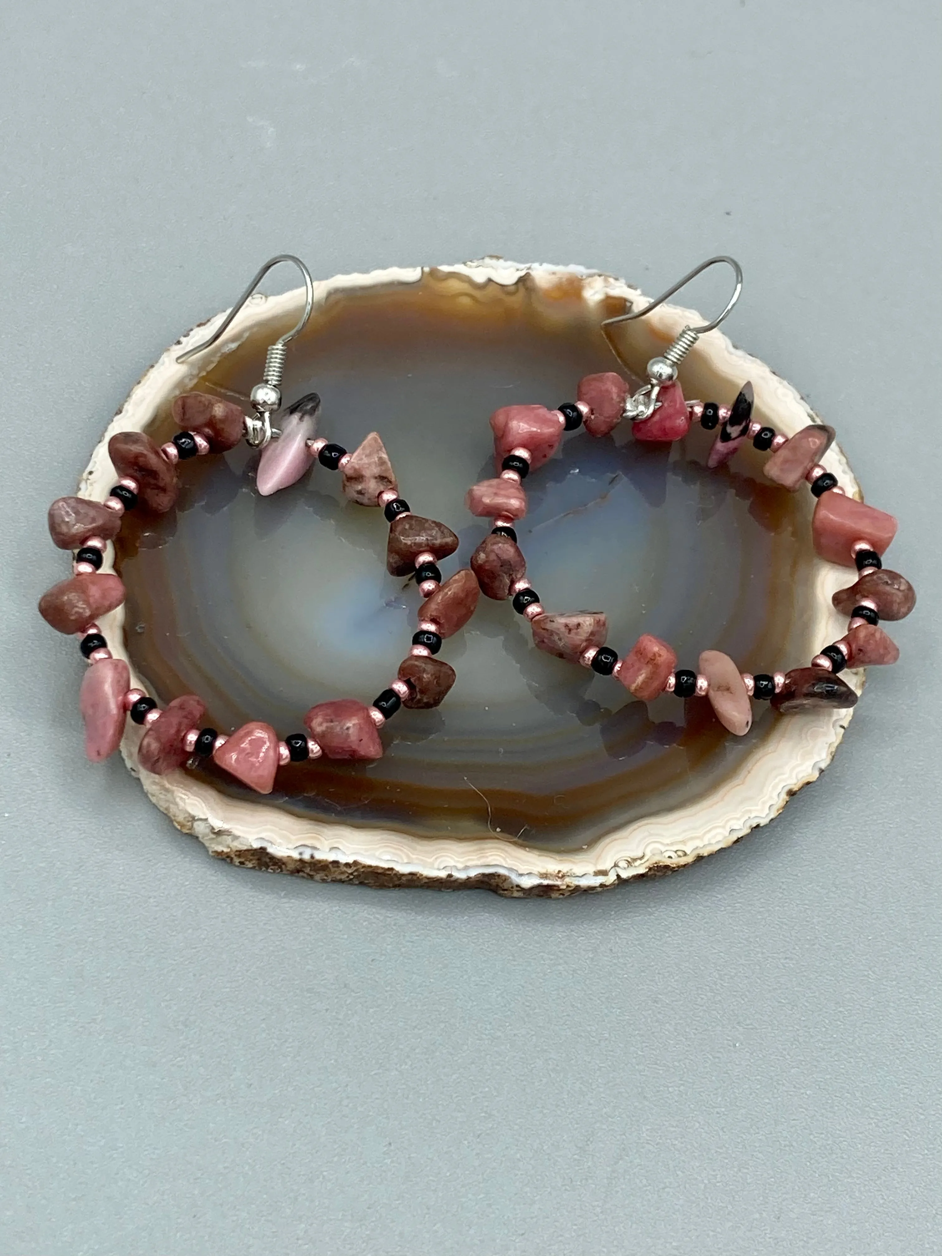 Rhodonite Stone Chip Beaded Hoop Earrings, Hippie Vibe, Shabby Chic, Boho Chic, Nature Inspired, Bohemian