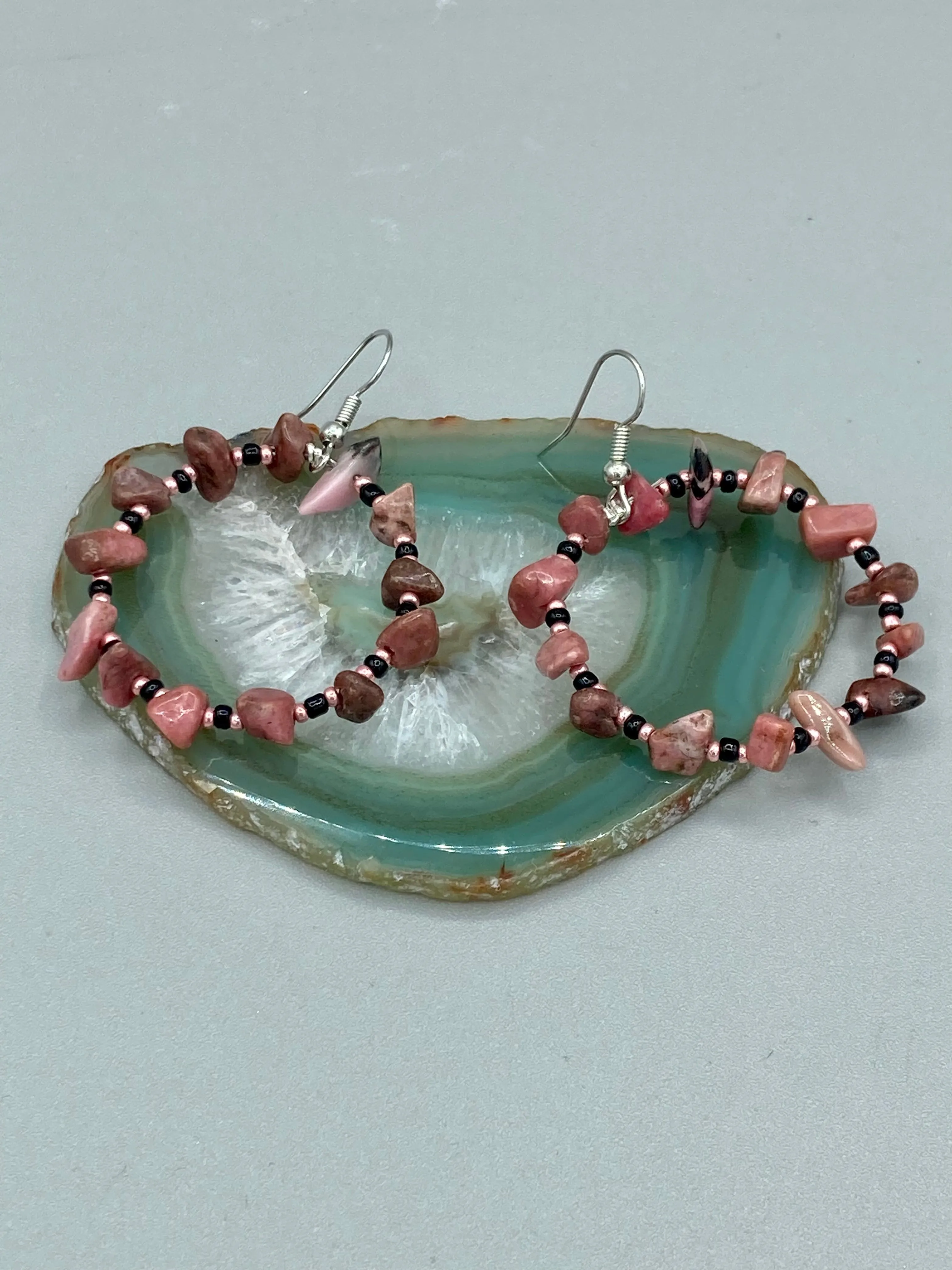 Rhodonite Stone Chip Beaded Hoop Earrings, Hippie Vibe, Shabby Chic, Boho Chic, Nature Inspired, Bohemian