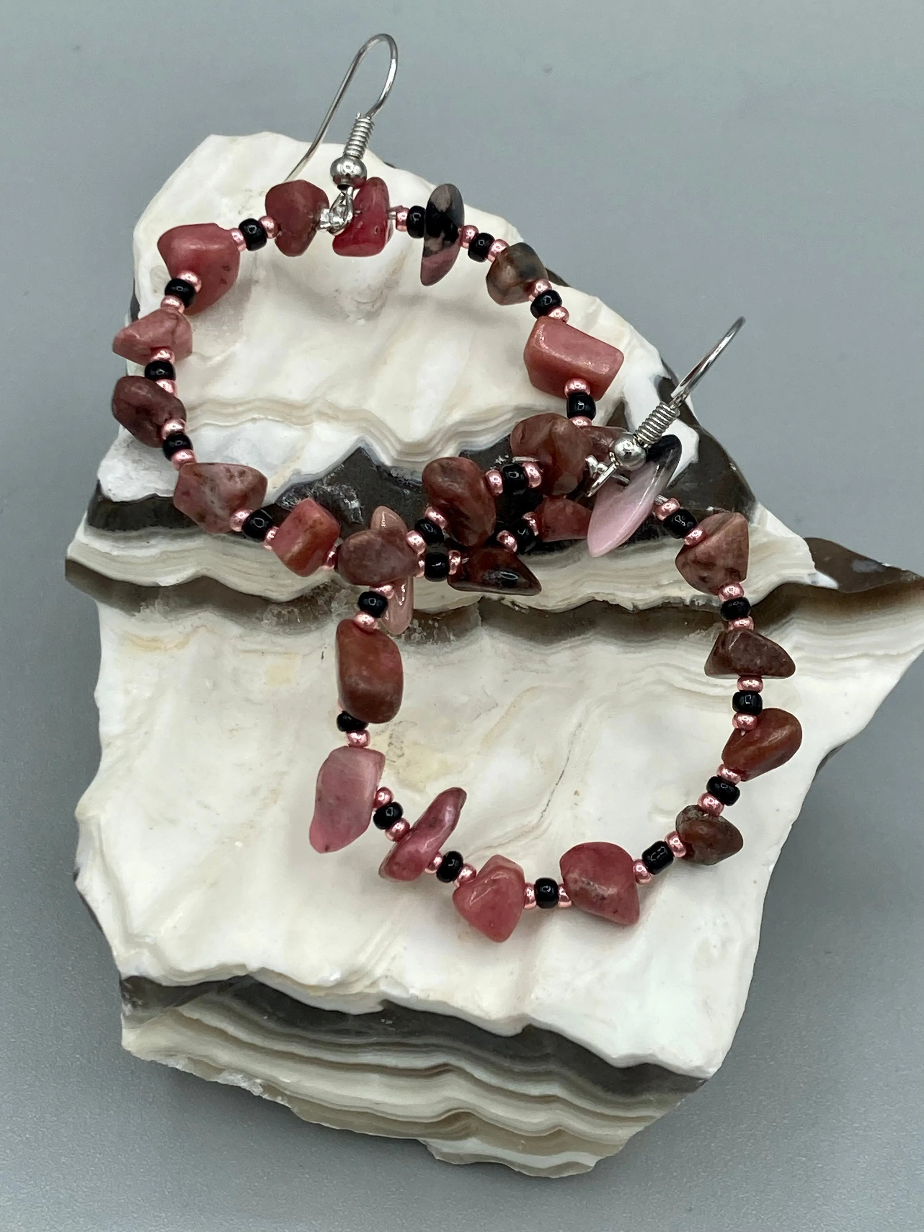 Rhodonite Stone Chip Beaded Hoop Earrings, Hippie Vibe, Shabby Chic, Boho Chic, Nature Inspired, Bohemian