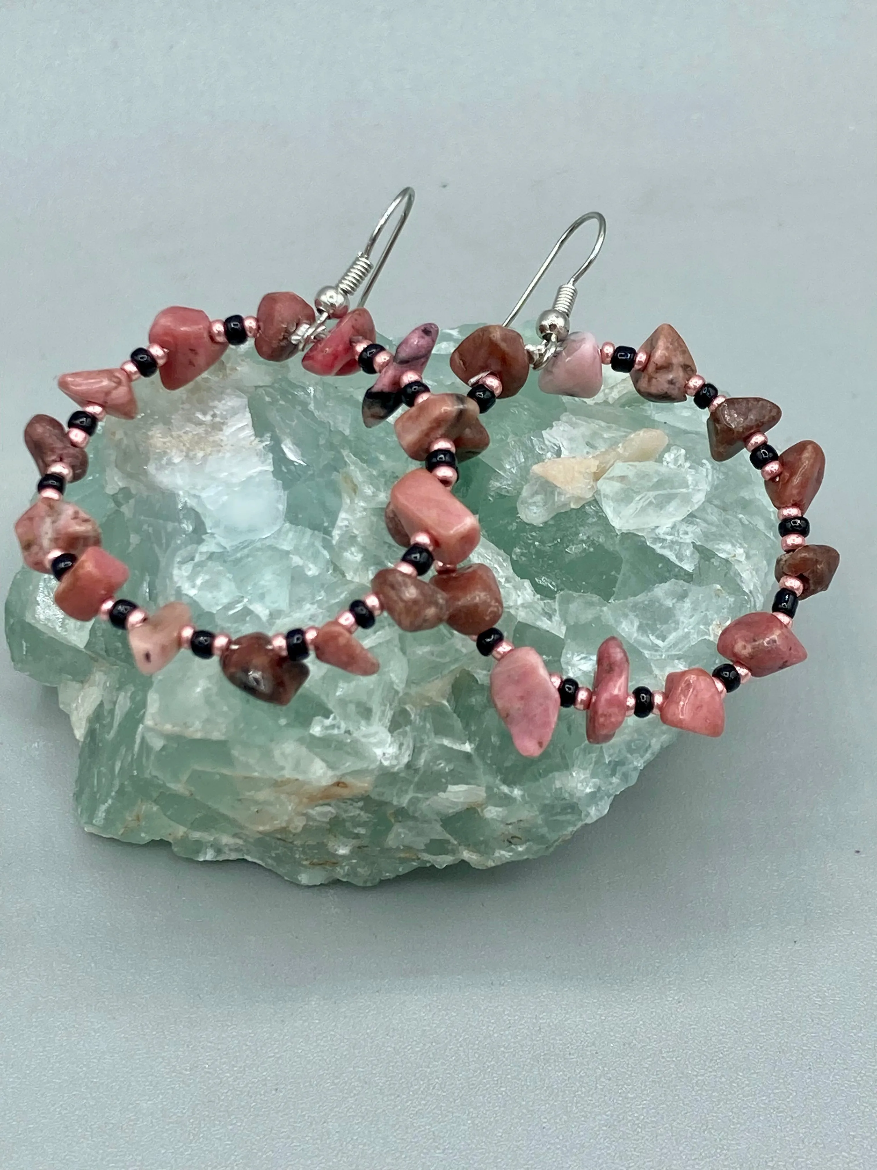 Rhodonite Stone Chip Beaded Hoop Earrings, Hippie Vibe, Shabby Chic, Boho Chic, Nature Inspired, Bohemian