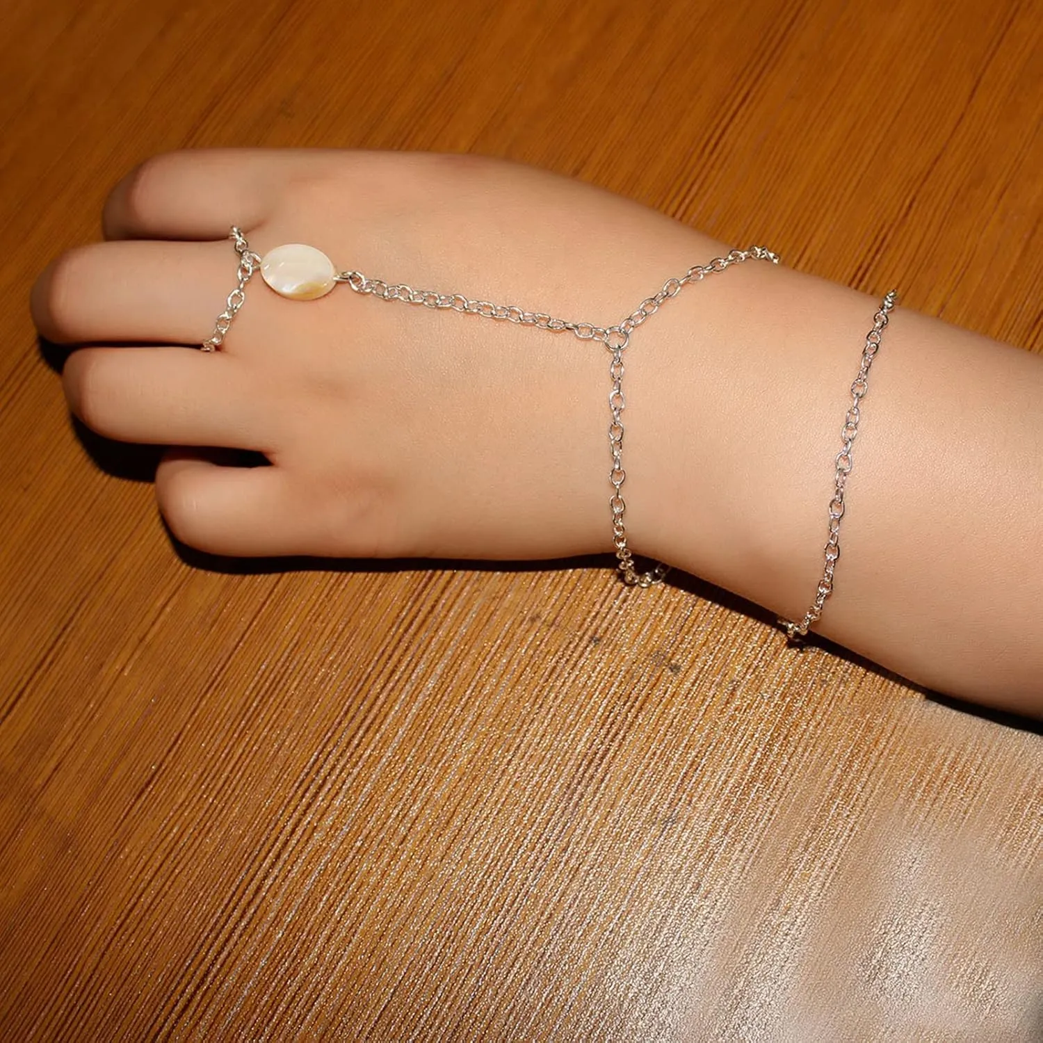 Ring and Bracelet Connected, Silver Hand Chain Single Shell Double Chain Alloy Bracelets