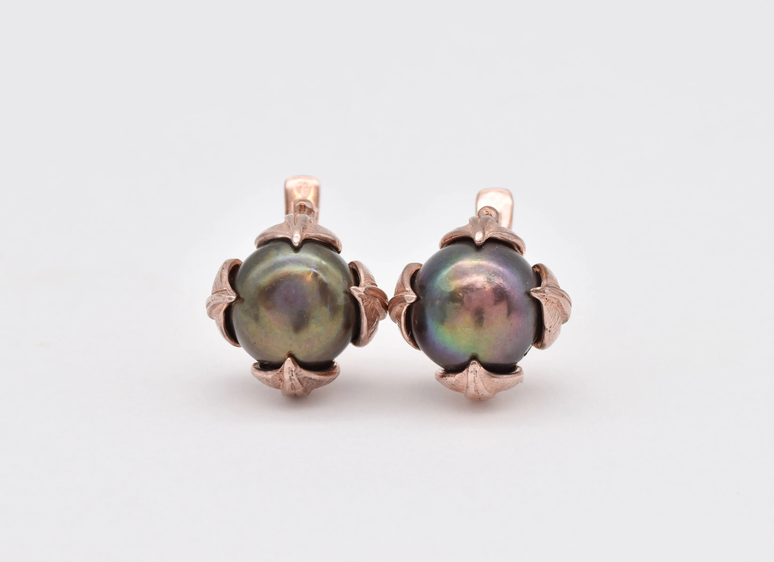 Rose Gold Pearl Earrings - Real Pearl Leaf Earrings - Vintage Black Pearl Studs