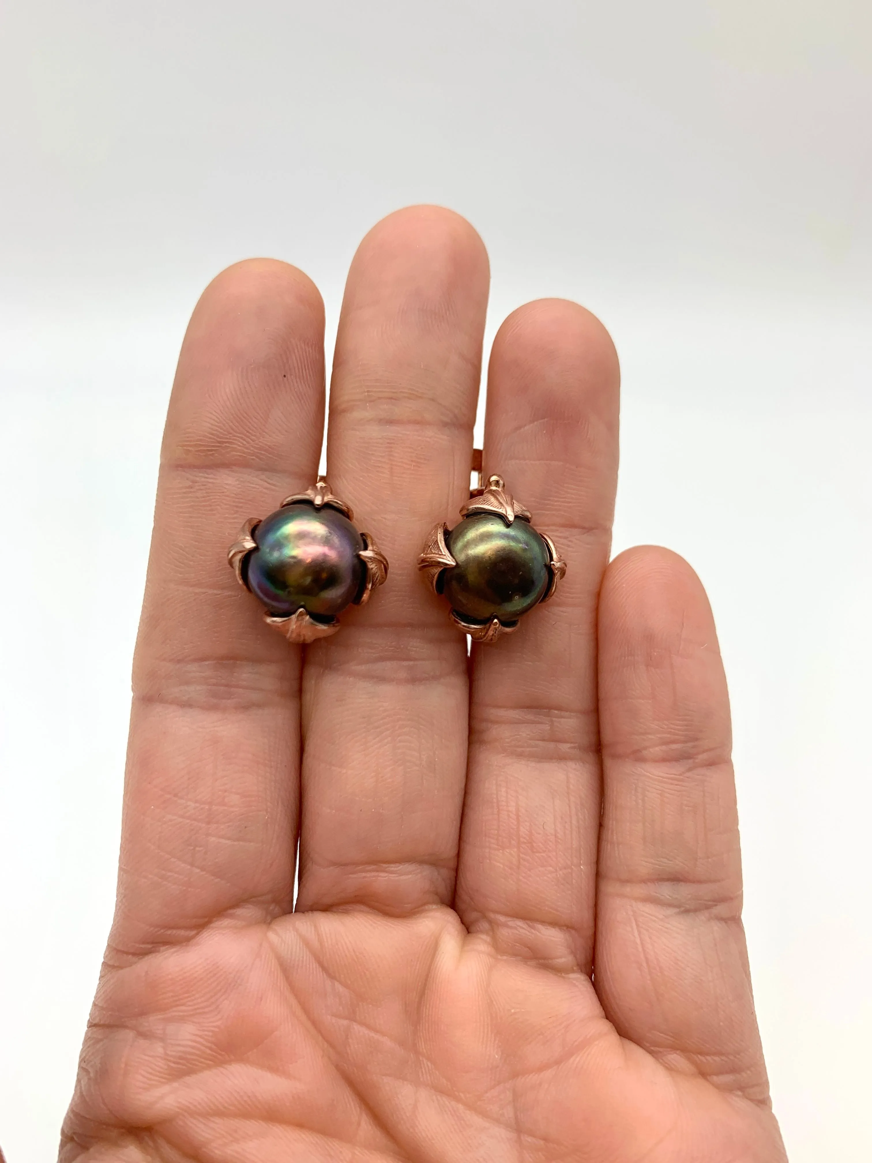 Rose Gold Pearl Earrings - Real Pearl Leaf Earrings - Vintage Black Pearl Studs