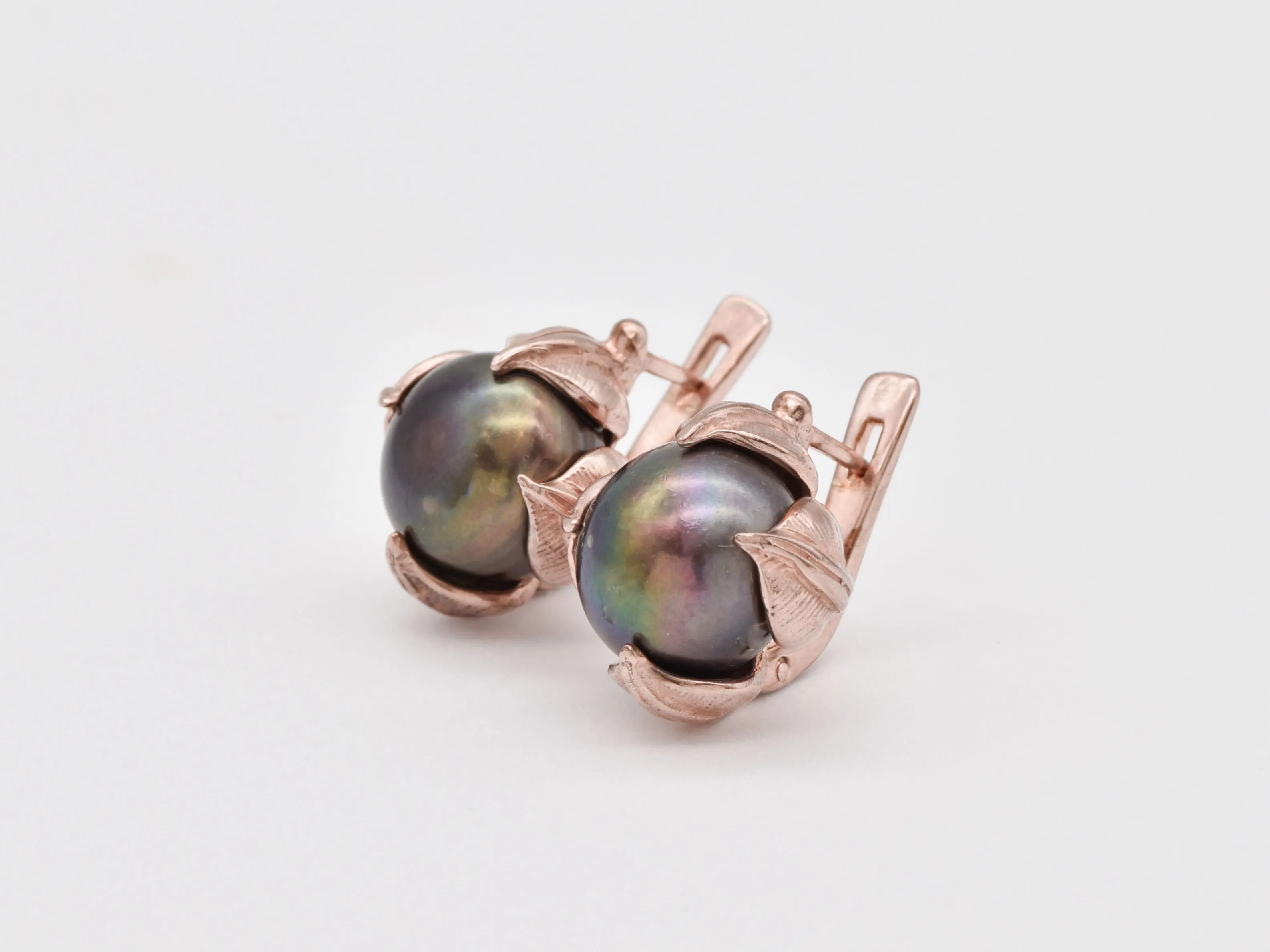 Rose Gold Pearl Earrings - Real Pearl Leaf Earrings - Vintage Black Pearl Studs
