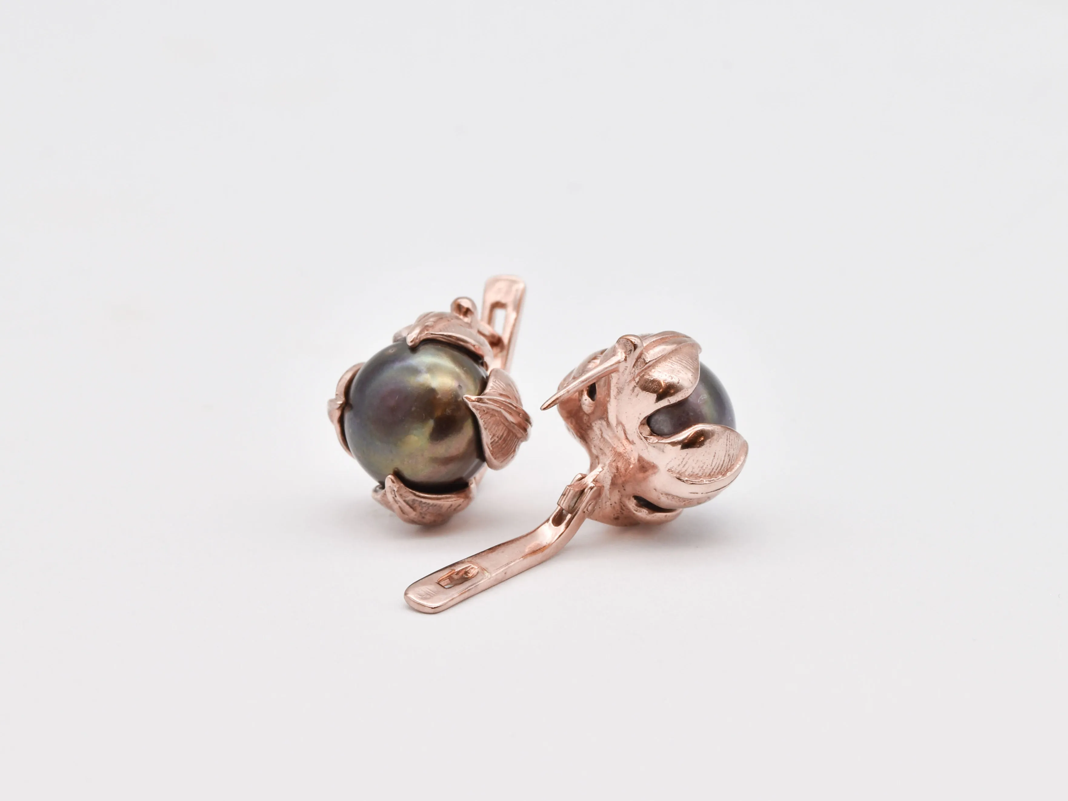 Rose Gold Pearl Earrings - Real Pearl Leaf Earrings - Vintage Black Pearl Studs