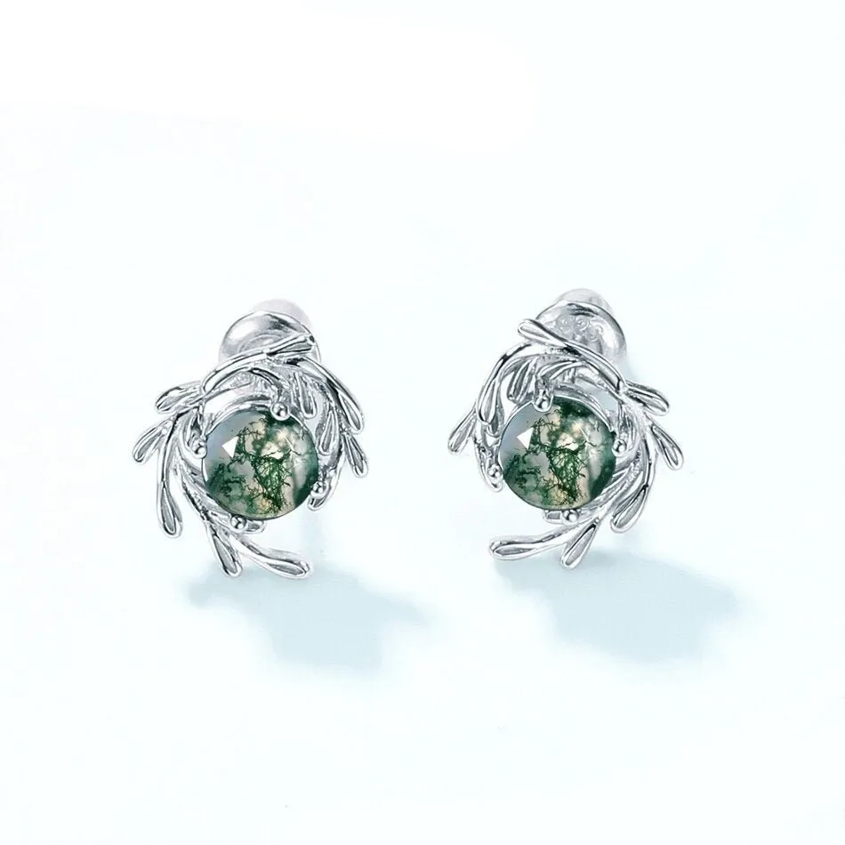 Round cut Natural Green Moss Agate Plant Inspired Anniversary Earrings