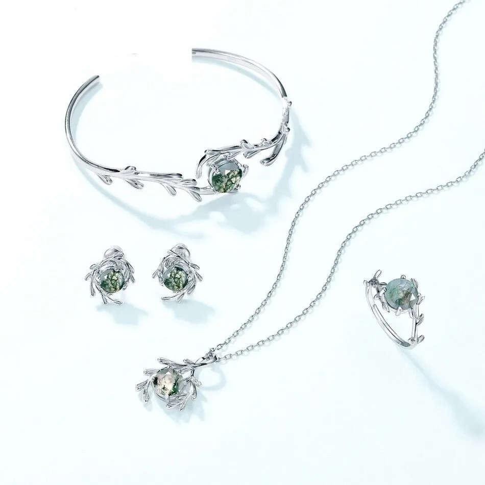 Round cut Natural Green Moss Agate Plant Inspired Anniversary Earrings