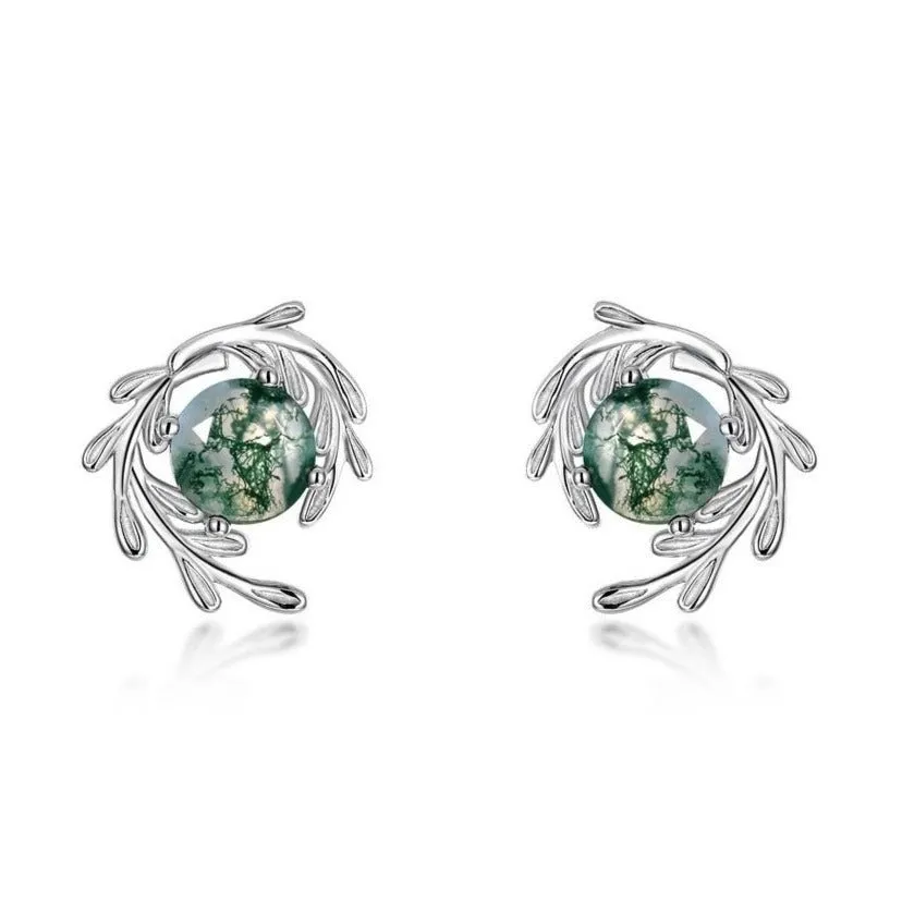 Round cut Natural Green Moss Agate Plant Inspired Anniversary Earrings