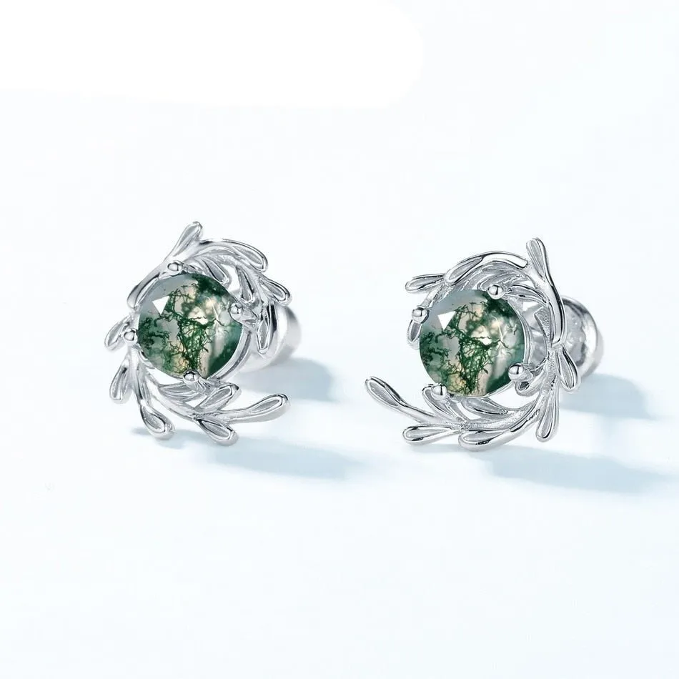 Round cut Natural Green Moss Agate Plant Inspired Anniversary Earrings