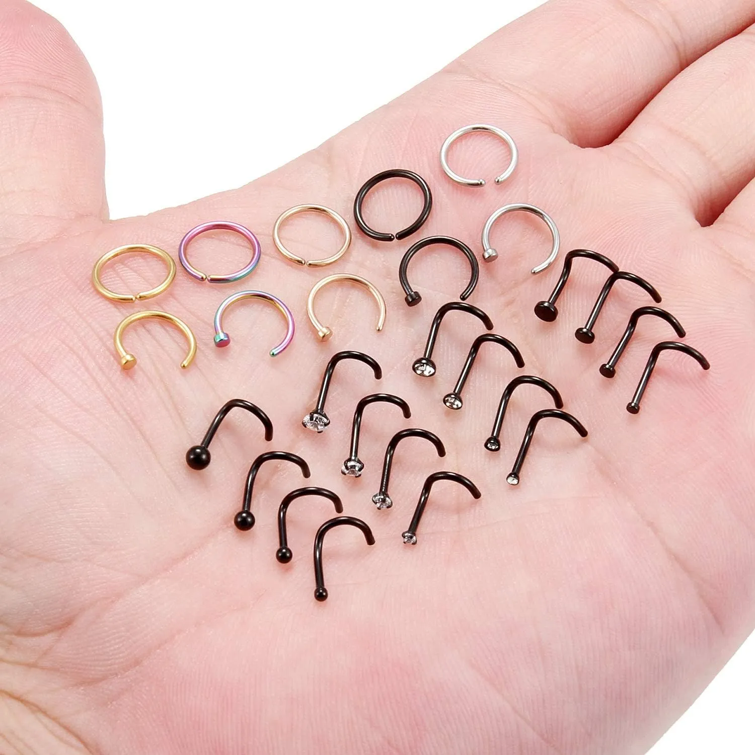 Ruifan 20G 18G Surgical Steel 1.5mm-3mm Flat Ball Clear Diamond CZ Nose Stud Rings Screw Piercing Jewelry 16-26PCS