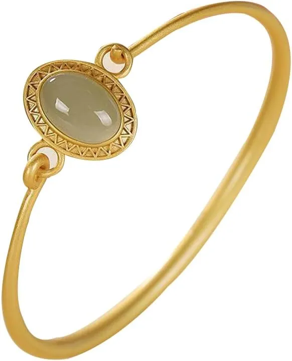 S925 Silver Gold-Plated Natural Hotan Jasper Egg-Face Bangle (Bangle Length 7.08inch) Fengshui Fashion Jade Bangle bracelet For Women Genuine
