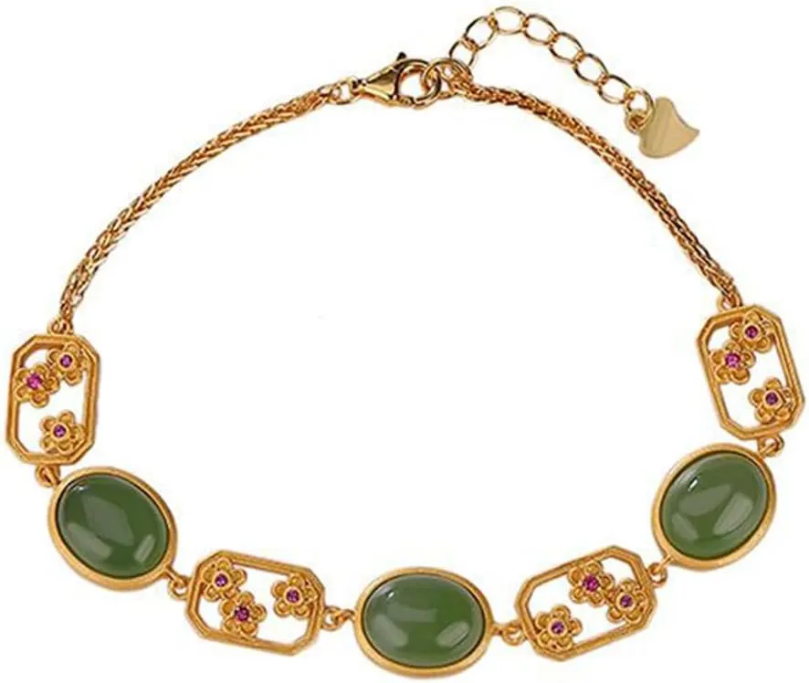 S925 Silver Gold-Plated Natural Hotan Jasper Egg-Surface Plum Blossom Openwork Bracelet (Chain Length 7.87inch) Fengshui Fashion Jade Bangle bracelet For Women Genuine