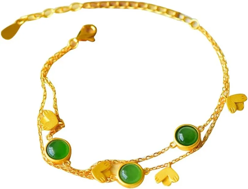 S925 Silver Gold-Plated Natural Hotan Jasper Heart Bracelet (Chain Length 7.87inch) Fengshui Fashion Jade Bangle bracelet For Women Genuine