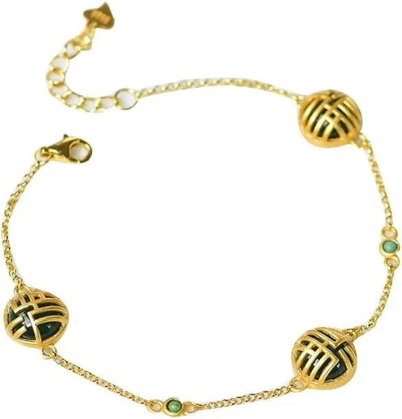 S925 Silver Gold-Plated with Natural Hotan Jasper Blessing Bracelet (Chain Length 7.87inch) Fengshui Fashion Jade Bangle bracelet For Women Genuine