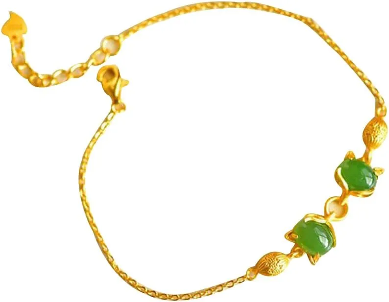 S925 Silver Gold-Plated with Natural Hotan Jasper Fox Bracelet (Chain Length 7.87inch) Fengshui Fashion Jade Bangle bracelet For Women Genuine