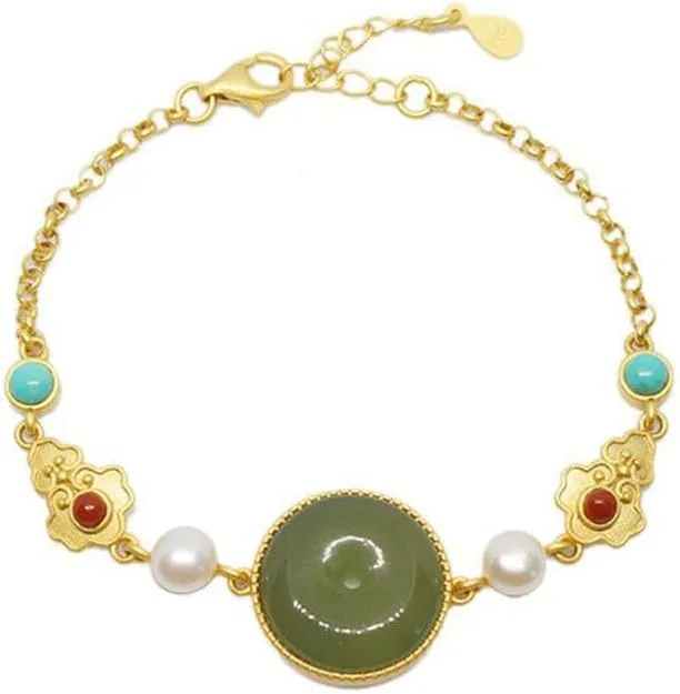 S925 Silver Gold-Plated with Natural Hotan Jasper Golden Toad Bracelet (Chain Length 7.87inch) Fengshui Fashion Jade Bangle bracelet For Women Genuine