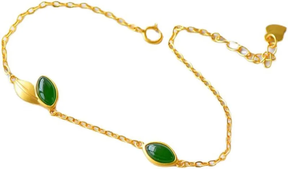 S925 Silver Gold-Plated with Natural Hotan Jasper Leaves Bracelet (Chain Length 7.87inch) Fengshui Fashion Jade Bangle bracelet For Women Genuine