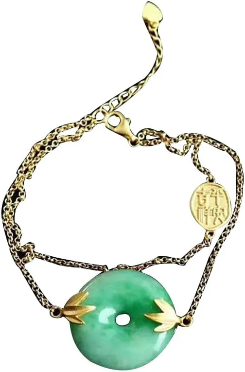 S925 Silver Gold-Plated with Natural Jadeite Peace Buckle Bracelet (Chain Length 7.87inch) 1 Fengshui Fashion Jade Bangle bracelet For Women Genuine