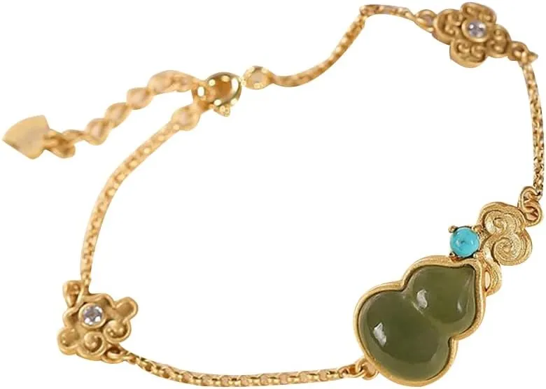 S925 Silver Gold-Plated with Natural Jasper Gourd Bracelet (Chain Length 7.87inch) Fengshui Fashion Jade Bangle bracelet For Women Genuine