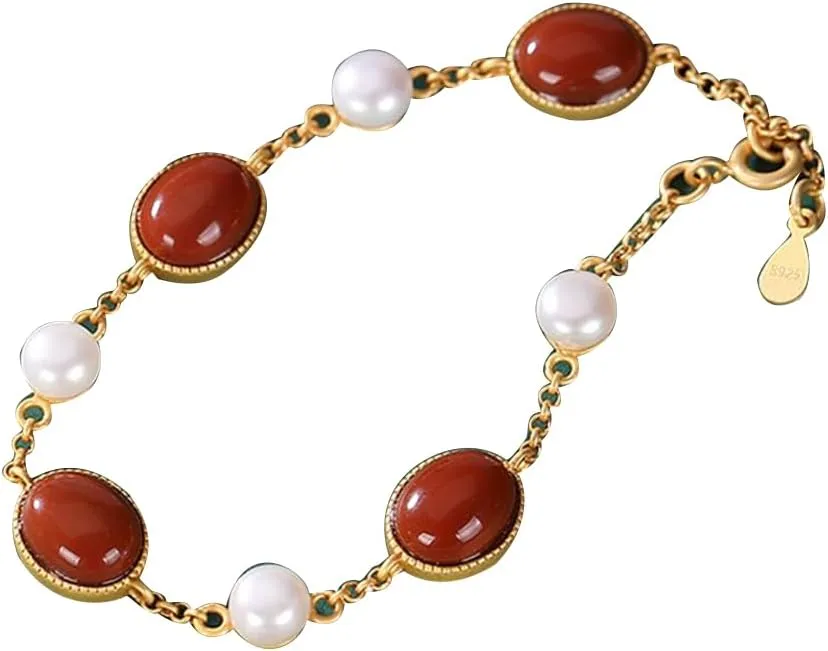 S925 Silver Gold-Plated with Natural Southern Red Agate Oval Pearls Bracelet (Chain Length 7.87inch) Fengshui Fashion Jade Bangle bracelet For Women Genuine
