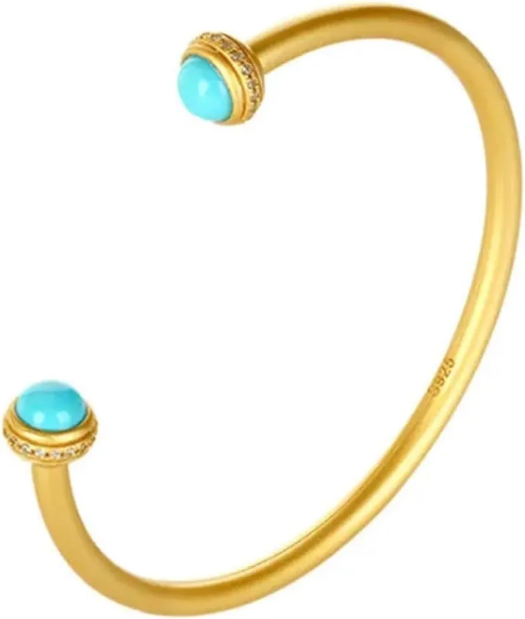 S925 Silver Gold-Plated with Natural Turquoise Round Beads Bangle (Bangle Length 7.08inch) Fengshui Fashion Jade Bangle bracelet For Women Genuine