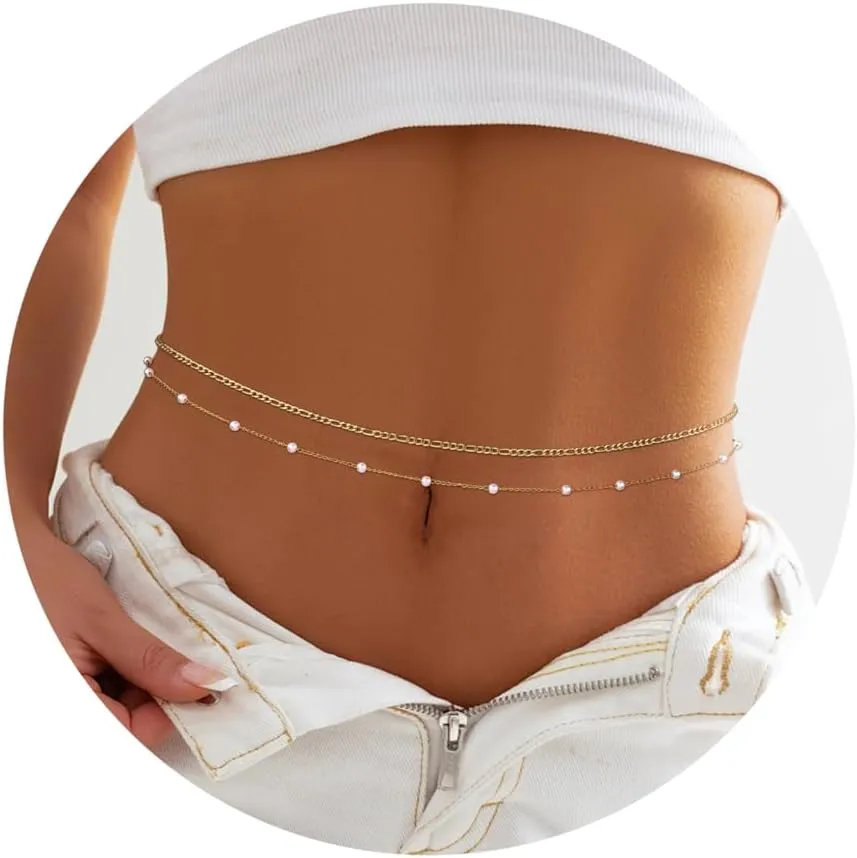 Sanfenly Gold Belly Chains Waist Chains for Women Waterproof Stainless Steel Pearl Beaded Seashell Starfish Body Chain Belly Necklace Bracelet Stomach Jewelry Chain 26"-43"