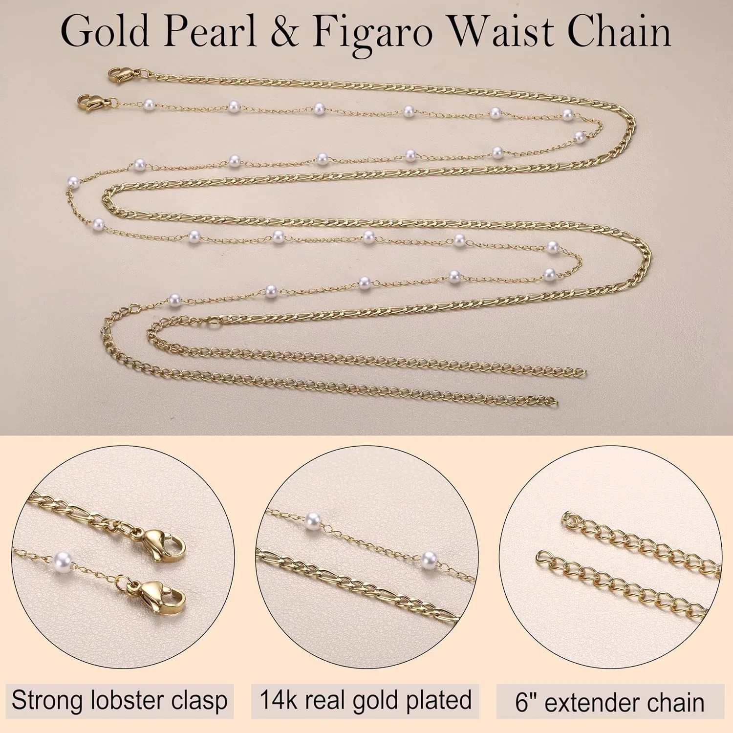 Sanfenly Gold Belly Chains Waist Chains for Women Waterproof Stainless Steel Pearl Beaded Seashell Starfish Body Chain Belly Necklace Bracelet Stomach Jewelry Chain 26"-43"