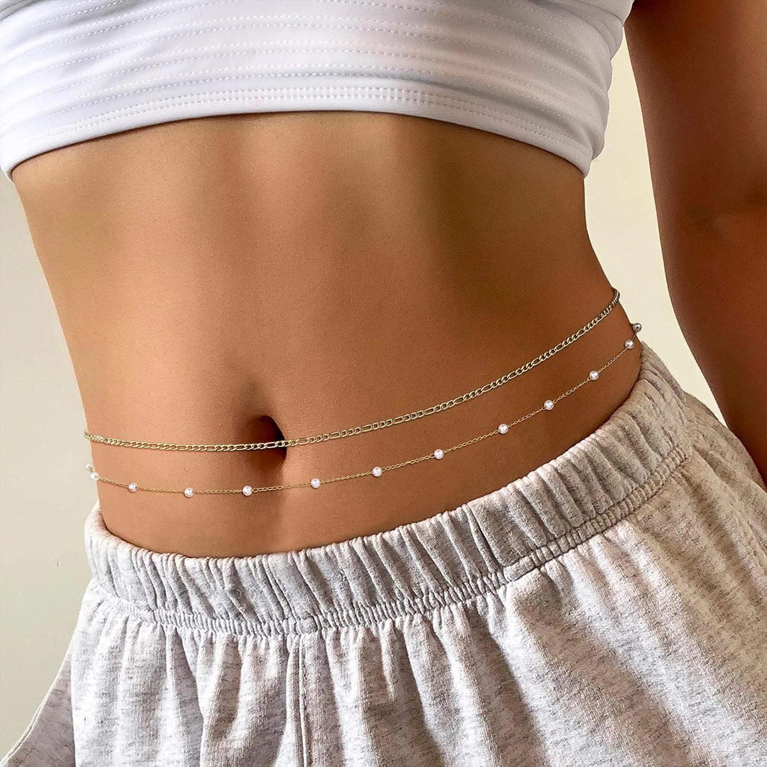 Sanfenly Gold Belly Chains Waist Chains for Women Waterproof Stainless Steel Pearl Beaded Seashell Starfish Body Chain Belly Necklace Bracelet Stomach Jewelry Chain 26"-43"