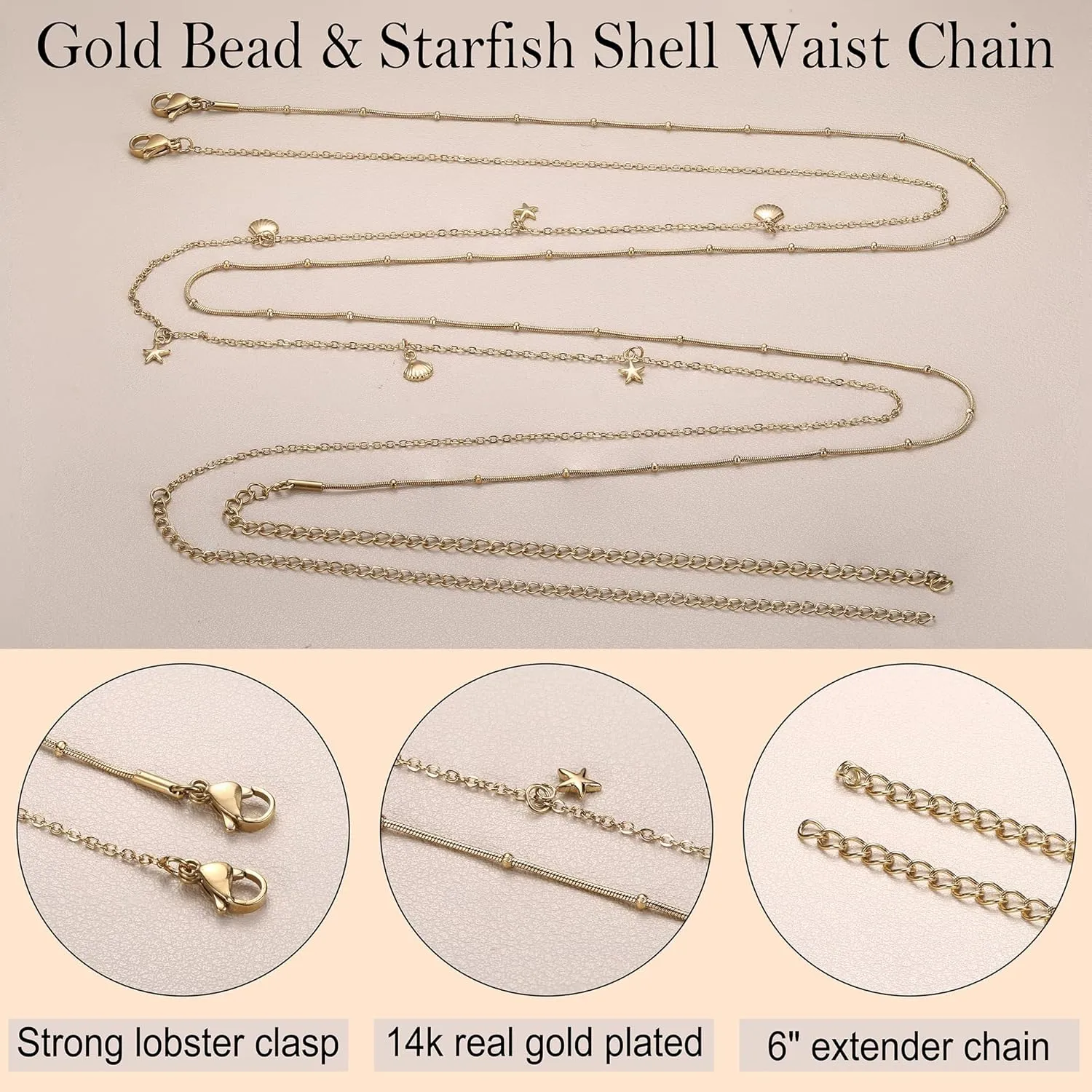 Sanfenly Gold Belly Chains Waist Chains for Women Waterproof Stainless Steel Pearl Beaded Seashell Starfish Body Chain Belly Necklace Bracelet Stomach Jewelry Chain 26"-43"