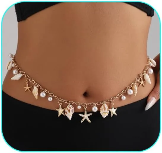 Seashell Starfish Waist Chain for Women Boho Conch Body Chains Pearl Starfish Chains Waist Summer Beach Body Jewelry Costume Accessories