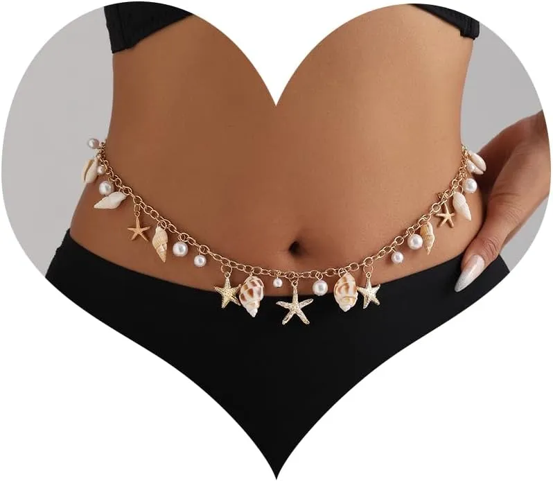 Seashell Waist Chain for Women Boho Cowrie Shell Conch Pearl Belly Chain Spiral Shell Starfish Body Chains Summer Beach Surfer Hawaii Jewelry Accessories for Her