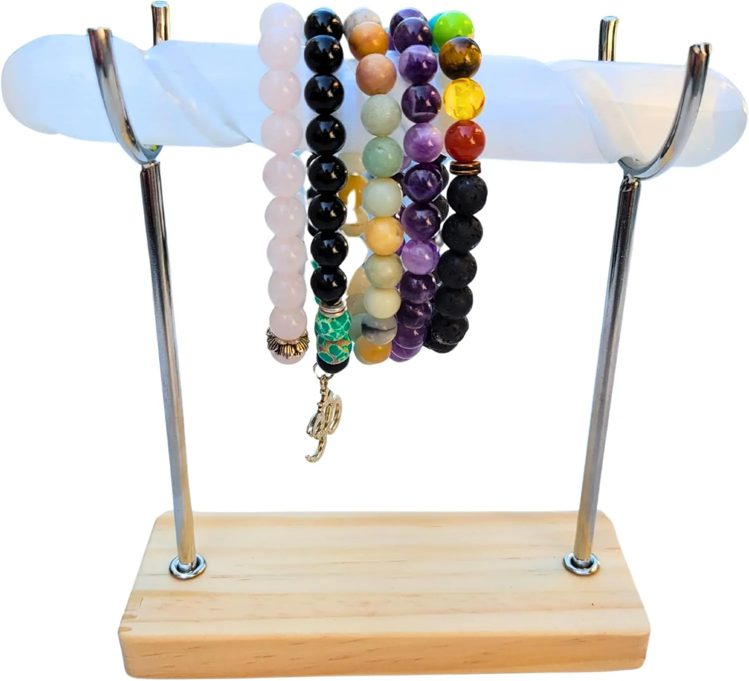 Selenite Bracelet Holder Stand, Selenite Charging Healing Crystal Bracelet Display Stand, Hand-Carved Spiral Selenite Crystal Bracelet Stand for Charging and Cleansing (Large Silver - Rectangle)