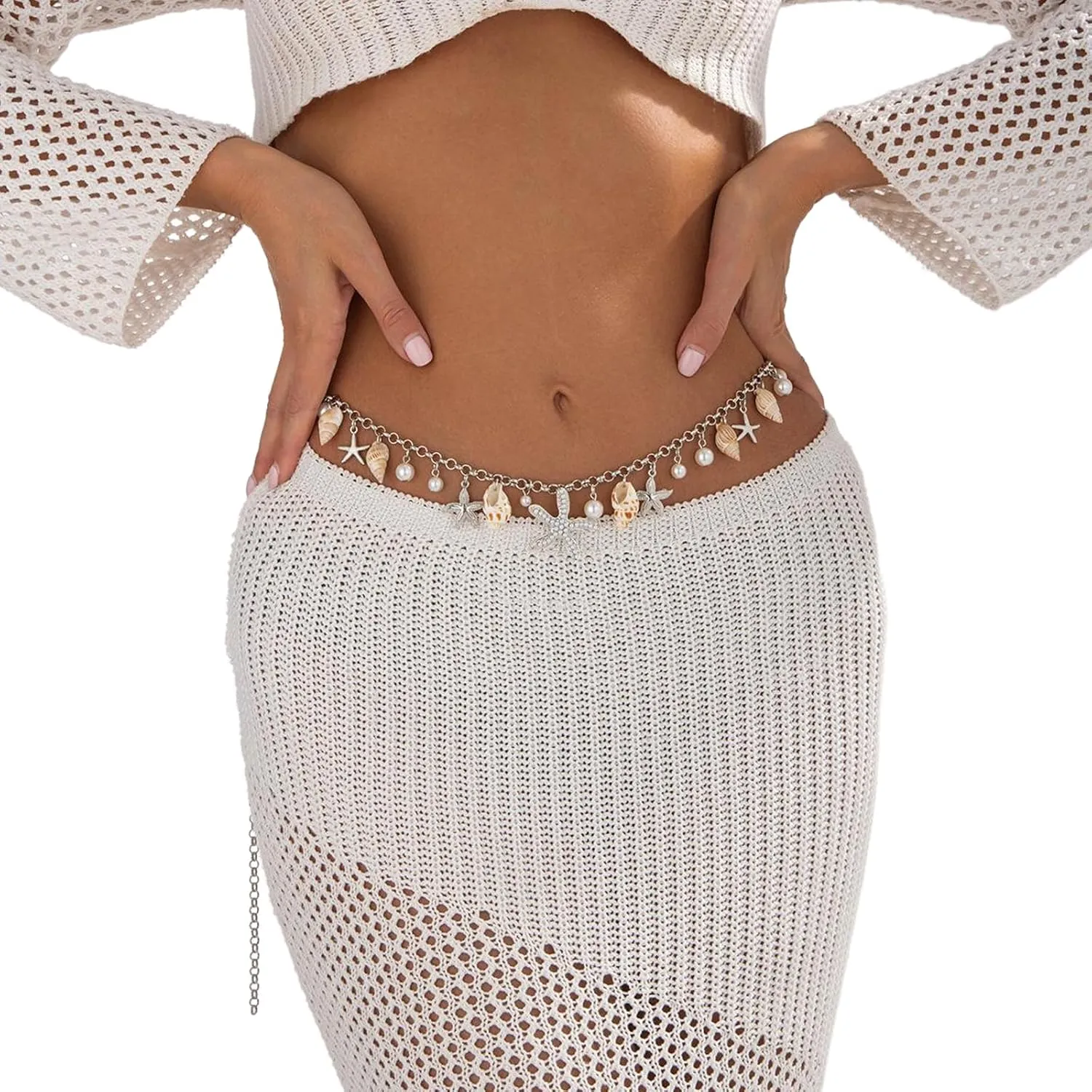 Sexy Pearl Waist Chain Belt Summer Big Starfish Body Chain Simple Shell Conch Tassel Belly Link Chain Jewelry for Women