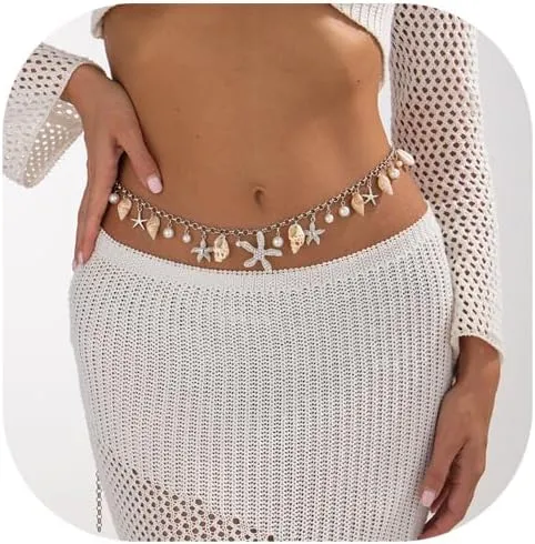 Sexy Pearl Waist Chain Belt Summer Big Starfish Body Chain Simple Shell Conch Tassel Belly Link Chain Jewelry for Women