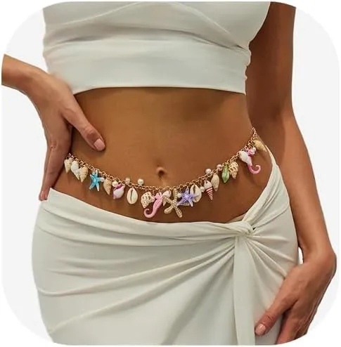 Sexy Rhinestone Starfish Pearl Pendant Waist Chain Jewelry,Gold Conch Shell Tassel Link Belly Body Chains,Summer Beach Bikini Bead Waist Belly Chain for Women