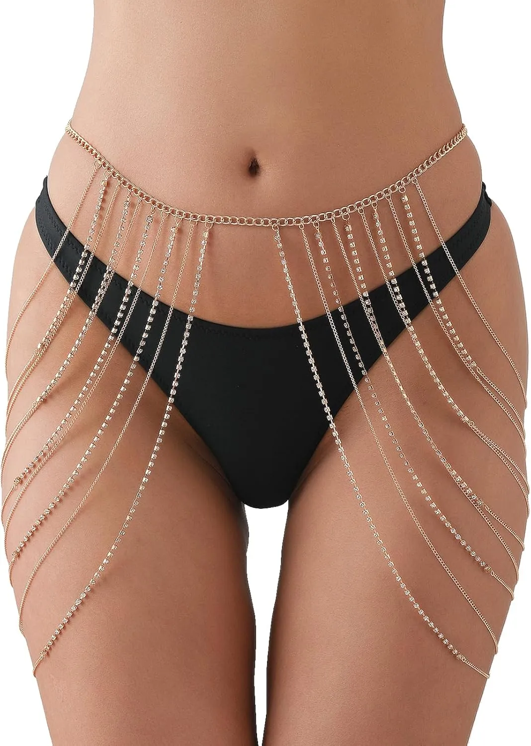 Sexy Rhinestone Tassel Waist Chain Bikini Crystal Waist Chains Belt Rhinestone Fringe Skirt Multi Layered Belly Chain Festival Rave Body Accessories Jewelry for Women